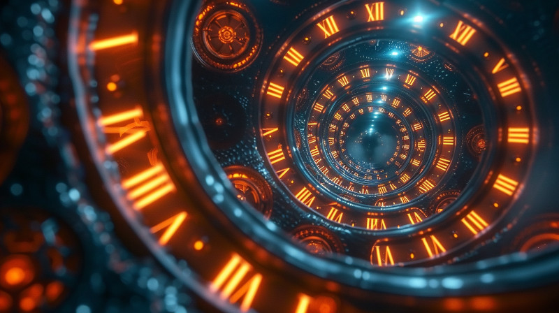 A clock with a center that spirals inward repeatedly.