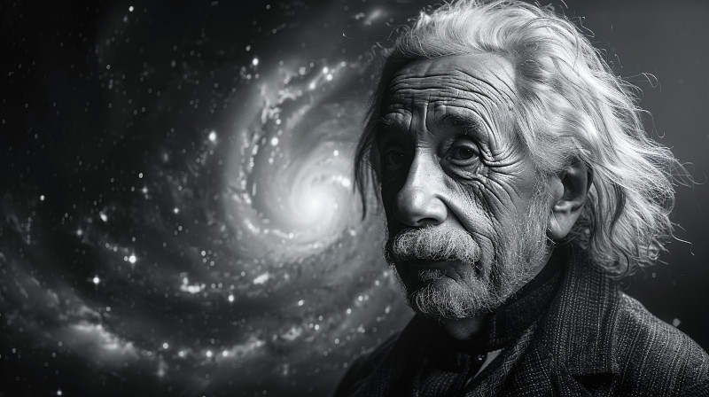 Image of Albert Einstein with a background of a blackhole's ecretion disk